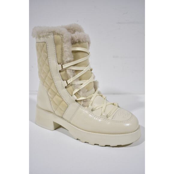 Chanel 21K Ivory Velvet Shearling Fur Brave CC Lace Up Tie Ankle Tall Boots 36 - Picture 4 of 12